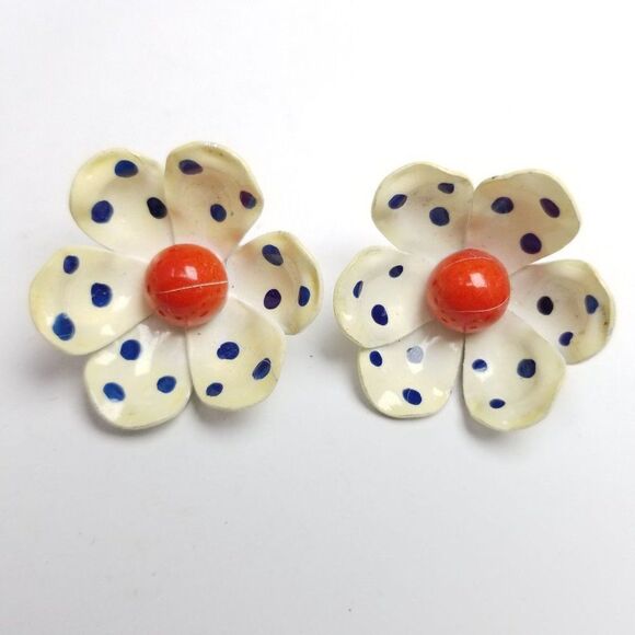 Vintage Blue Polka Dot Flower Clip On Earrings, Retro Plastic Design, 60s - Picture 2 of 6